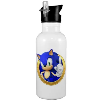 Sonic the hedgehog, Παγούρι νερού Λευκό με καλαμάκι, ανοξείδωτο ατσάλι 600ml