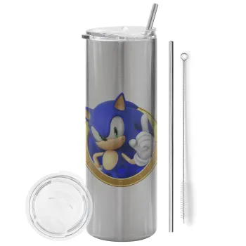 Sonic the hedgehog, Tumbler ποτήρι θερμό Ασημένιο από ανοξείδωτο ατσάλι 600ml, με μεταλλικό καλαμάκι & βούρτσα καθαρισμού