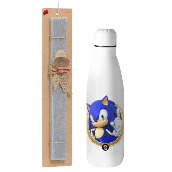 Sonic the hedgehog, Easter Set, metallic stainless thermos bottle (500ml) & scented flat Easter candle (30cm) (GRAY)