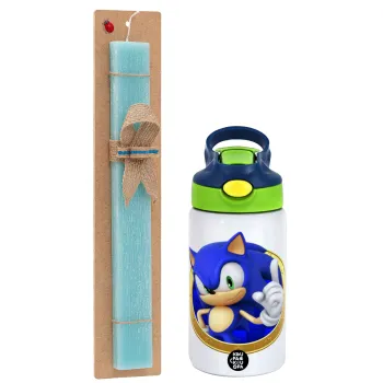 Sonic the hedgehog, Easter Set, Children's thermal stainless steel bottle with safety straw, green/blue (350ml) & aromatic flat Easter candle (30cm) (TURQUOISE)
