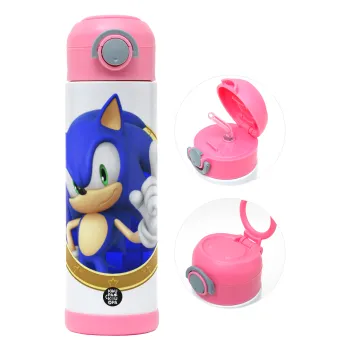 Sonic the hedgehog, Children's hot water bottle, stainless steel, with safety straw, PINK (500ml)