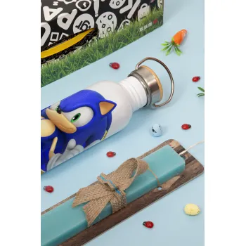 Sonic the hedgehog, Easter Set, metallic silver aluminum water bottle (500ml) & scented flat Easter candle (30cm) (TURQUOISE)
