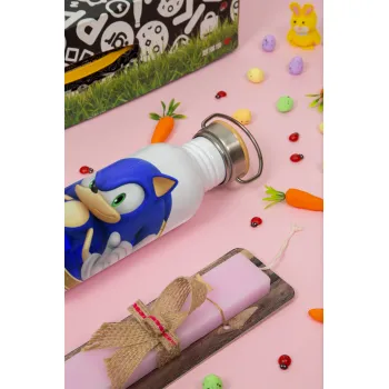 Sonic the hedgehog, Easter Set, SS Metallic water bottle (620ml, stainless steel) & scented flat Easter candle (30cm) (PINK)
