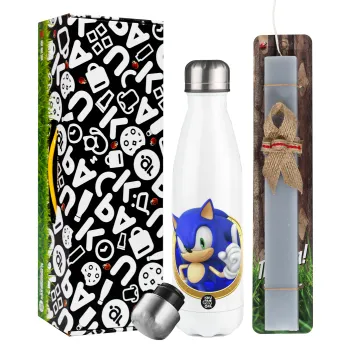 Sonic the hedgehog, Easter candle, metallic white thermos bottle (500ml) & aromatic flat candle (30cm) (GRAY)