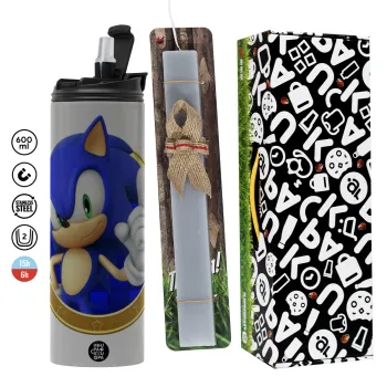 Sonic the hedgehog, Easter candle with Grey Tumbler Thermo 600ml & aromatic flat candle (30cm) (GREY)