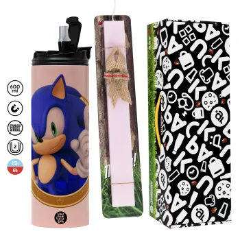 Sonic the hedgehog, Easter candle,Travel Tumbler 2 Lids, with metal straw & cleaning brush & aromatic flat candle (30cm) (PINK)