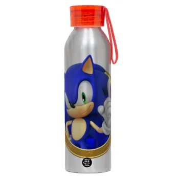 Sonic the hedgehog, Αλουμινένιο Αθλητικό Μπουκάλι 650ml – Ασημί με Κόκκινο Καπάκι και Λουράκι Σιλικόνης