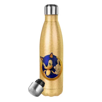 Sonic the hedgehog, Glitter gold stainless steel thermos bottle, double-walled, 500ml
