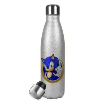 Sonic the hedgehog, Μεταλλικό παγούρι θερμός Glitter Aσημένιο (Stainless steel), διπλού τοιχώματος, 500ml