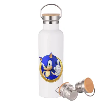 Sonic the hedgehog, Μεταλλικό παγούρι θερμός (Stainless steel) Λευκό με ξύλινο καπάκι (bamboo), διπλού τοιχώματος, 750ml
