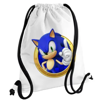 Sonic the hedgehog, Backpack pouch GYMBAG white, with pocket (40x48cm) & thick cords