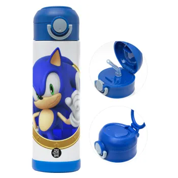 Sonic the hedgehog, Παιδικό παγούρι θερμό, ανοξείδωτο, με καλαμάκι ασφαλείας, ΜΠΛΕ (500ml)