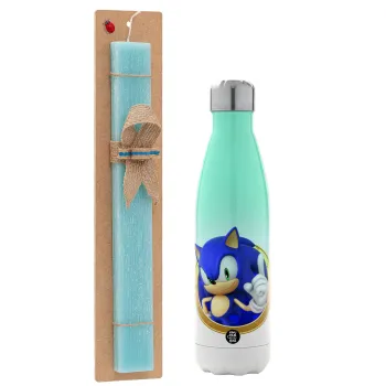 Sonic the hedgehog, Easter Set, Metallic green/white thermos (Stainless steel), double-walled, 500ml & scented flat Easter candle (30cm) (TURQUOISE)