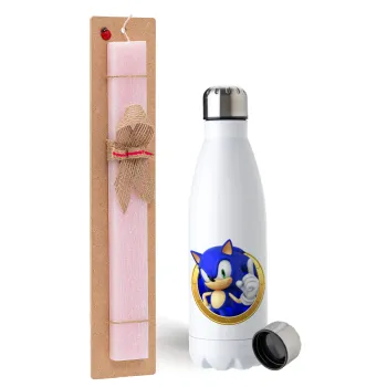 Sonic the hedgehog, Easter Set, metallic stainless steel water bottle (750ml) & scented flat Easter candle (30cm) (PINK)