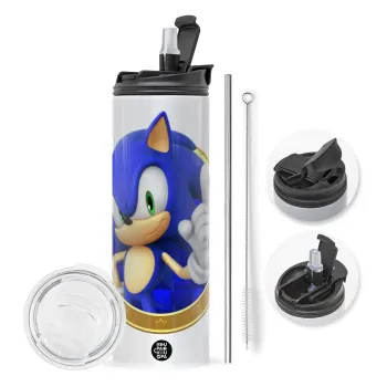 Sonic the hedgehog, Travel Tumbler 2 Lids, with metal straw & cleaning brush (Stainless steel 304 Food grade, BPA free, 600ml)