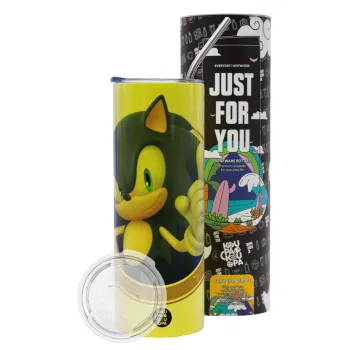 Sonic the hedgehog, Neon Yellow Travel Tumbler θερμό, μεταλλικό καλαμάκι(Ανωξείδωτο 304 Food grade, BPA free, 600ml)