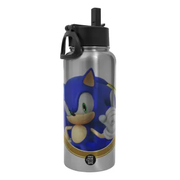 Sonic the hedgehog, Metal mug thermo Silver with Straw and Spout Lid (Stainless steel), double wall, 950ml