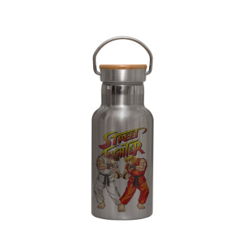 Street fighter, Stainless steel metallic thermos flask, silver with a bamboo lid, double-walled, 350ml.