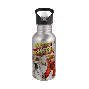 Street fighter, Water bottle Silver with straw, stainless steel 500ml