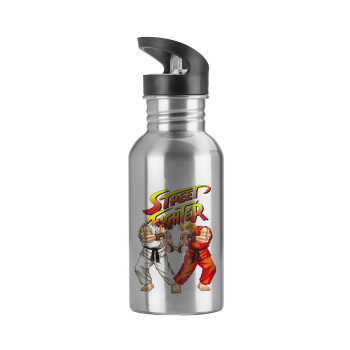 Street fighter, Water bottle Silver with straw, stainless steel 600ml