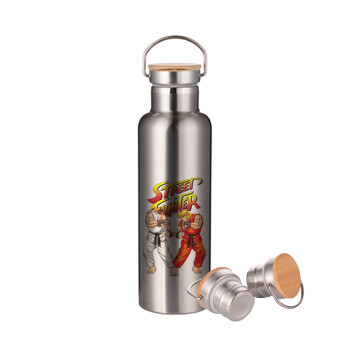 Street fighter, Stainless steel Silver with wooden lid (bamboo), double wall, 750ml