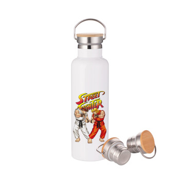 Street fighter, Μεταλλικό παγούρι θερμός (Stainless steel) Λευκό με ξύλινο καπάκι (bamboo), διπλού τοιχώματος, 750ml