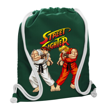 Street fighter, Τσάντα πλάτης πουγκί GYMBAG BOTTLE GREEN, με τσέπη (40x48cm) & χονδρά λευκά κορδόνια