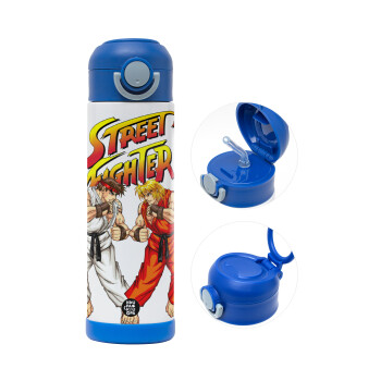 Street fighter, Children's hot water bottle, stainless steel, with safety straw, BLUE (500ml)
