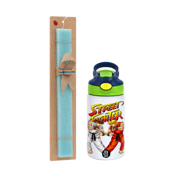 Street fighter, Easter Set, Children's thermal stainless steel bottle with safety straw, green/blue (350ml) & aromatic flat Easter candle (30cm) (TURQUOISE)