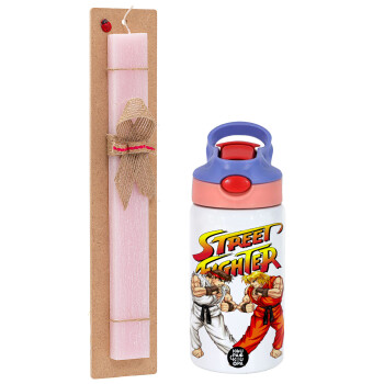 Street fighter, Πασχαλινό Σετ, Παιδικό παγούρι θερμό, ανοξείδωτο, με καλαμάκι ασφαλείας, ροζ/μωβ (350ml) & πασχαλινή λαμπάδα αρωματική πλακέ (30cm) (ΡΟΖ)