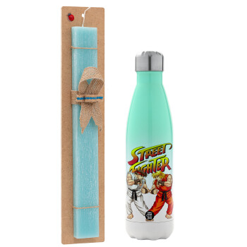 Street fighter, Easter Set, Metallic green/white thermos (Stainless steel), double-walled, 500ml & scented flat Easter candle (30cm) (TURQUOISE)