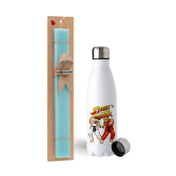 Street fighter, Easter Set, metallic stainless steel water bottle (750ml) & aromatic flat Easter candle (30cm) (TURQUOISE)
