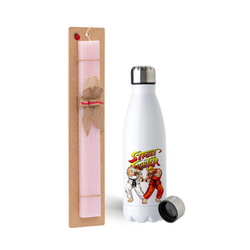 Street fighter, Easter Set, metallic stainless steel water bottle (750ml) & scented flat Easter candle (30cm) (PINK)