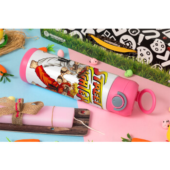 Street fighter, Easter candle, Childrens hot water bottle, stainless steel, with safety straw, PINK (500ml)