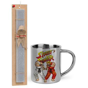 Street fighter, Easter Set, metallic thermal cup (300ml) & Easter aromatic flat candle (30cm) (GRAY)
