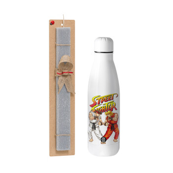 Street fighter, Easter Set, metallic stainless thermos bottle (500ml) & scented flat Easter candle (30cm) (GRAY)