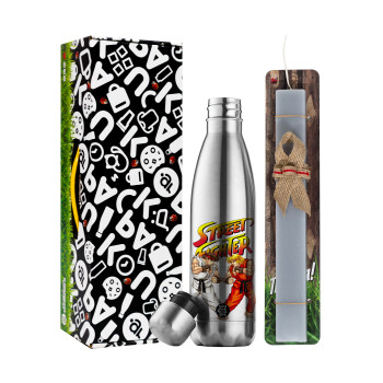Street fighter, Easter Set, metallic stainless thermos flask (500ml) & scented flat Easter candle (30cm) (GRAY)