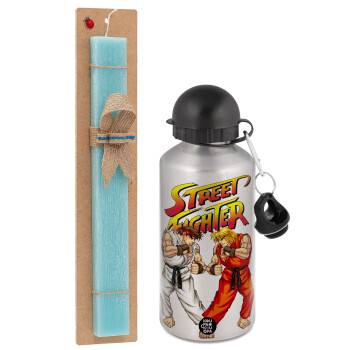 Street fighter, Easter Set, metallic silver aluminum water bottle (500ml) & scented flat Easter candle (30cm) (TURQUOISE)