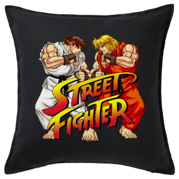 Street fighter, Μαξιλάρι καναπέ Μαύρο 100% βαμβάκι, περιέχεται το γέμισμα (50x50cm)