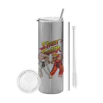 Street fighter, Eco friendly stainless steel Silver tumbler 600ml, with metal straw & cleaning brush
