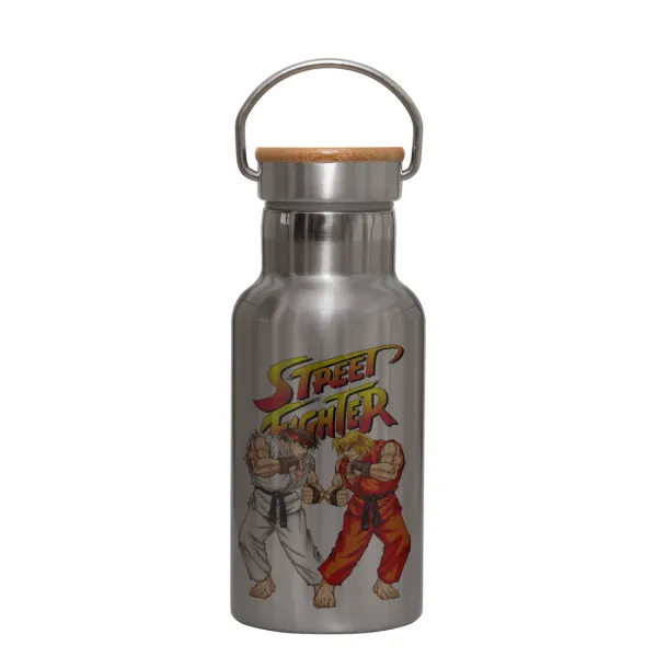 Street fighter — Stainless steel metallic thermos flask, silver with a bamboo lid, double-walled, 350ml.