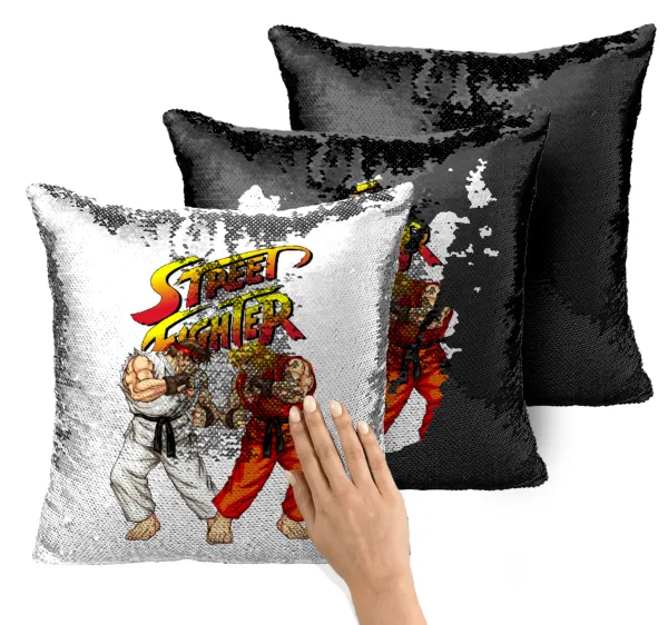 Street fighter — Magic sofa cushion with black sequins, 40x40cm, filling included