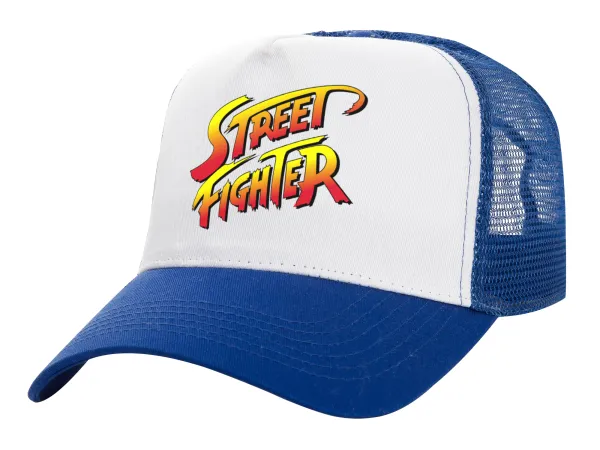 Street fighter — Adult Structured Trucker Hat, with Mesh, WHITE/BLUE (100% COTTON, ADULT, UNISEX, ONE SIZE)