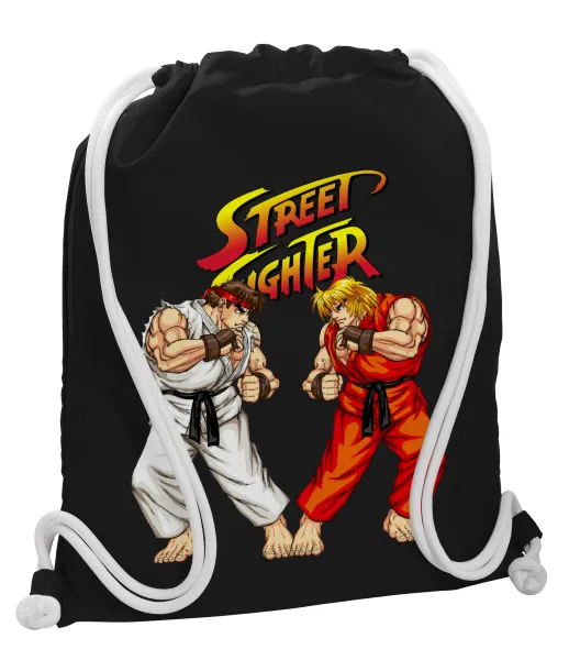 Street fighter — Backpack pouch GYMBAG Black, with pocket (40x48cm) & thick white cords