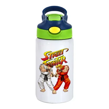 Street fighter, Children's hot water bottle, stainless steel, with safety straw, green, blue (350ml)