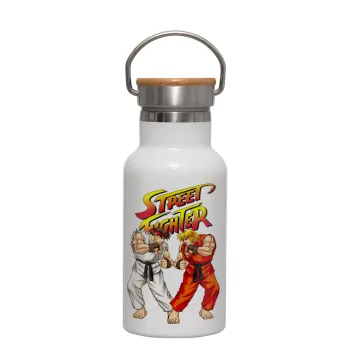 Street fighter, Μεταλλικό παγούρι θερμός (Stainless steel) Λευκό με ξύλινο καπακι (bamboo), διπλού τοιχώματος, 350ml