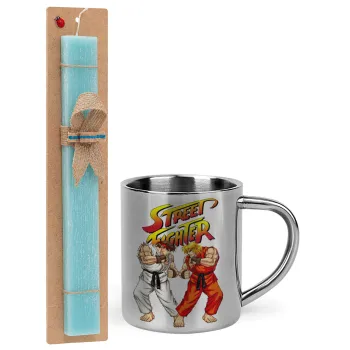 Street fighter, Easter Set, metallic thermal cup (300ml) & aromatic flat Easter candle (30cm) (TURQUOISE)