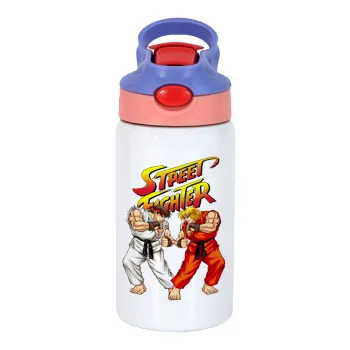 Street fighter, Children's hot water bottle, stainless steel, with safety straw, pink/purple (350ml)