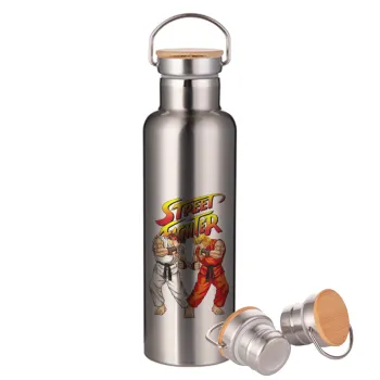 Street fighter, Stainless steel Silver with wooden lid (bamboo), double wall, 750ml