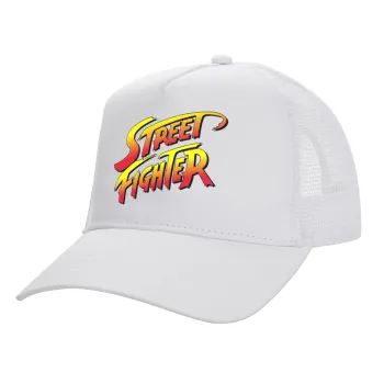 Street fighter, Structured Trucker Adult Hat, with Mesh, WHITE (100% COTTON, ADULT, UNISEX, ONE SIZE)